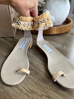 Leandra Medine Beige Raffia & Shell Ankle-Strap Sandals